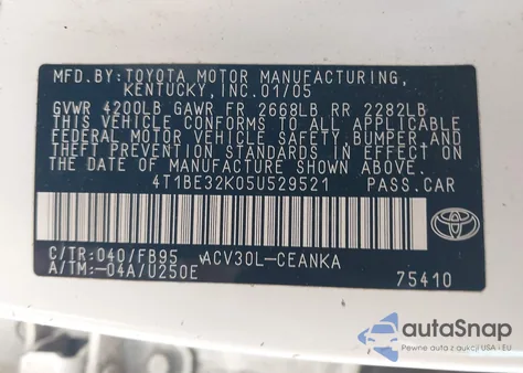 2005 Toyota Camry Le from USA, damaged, VIN 4T1BE32K05U529521